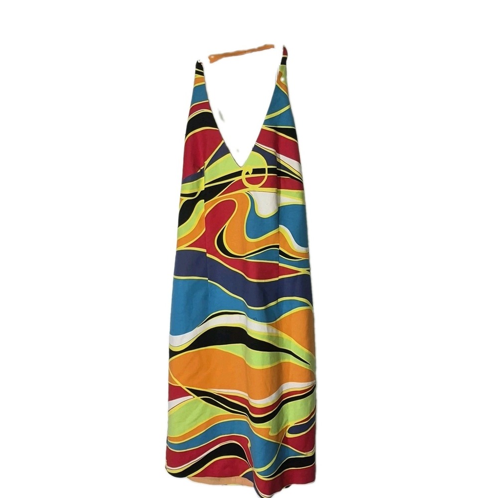 David Meister Y2K Vintage Halter Dress Psychedelic Swirl Cotton Mod Size 6 - Picture 2 of 8